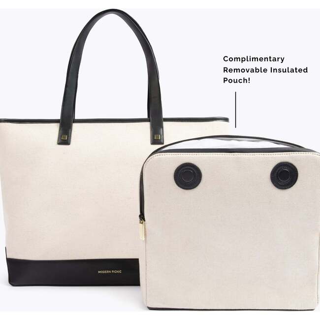 Vegan Leather Work Tote Bag with Removable Insulated Pouch, Black Canvas - Bags - 2