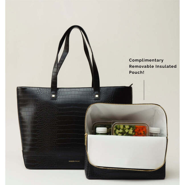 Vegan Leather Work Tote Bag with Removable Insulated Pouch, Black Croc - Bags - 2