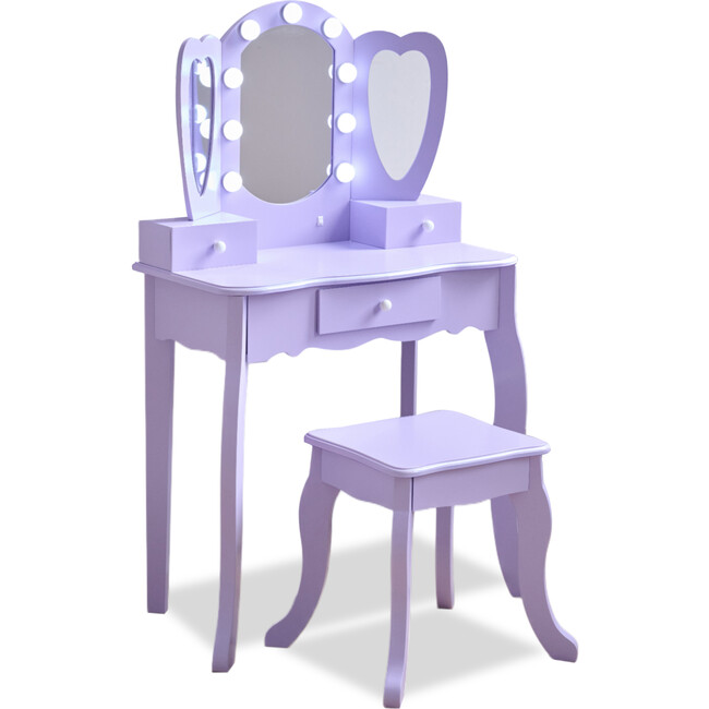 Teamson Kids Heart Glow Wooden Vanity Set with LED Lights Mirror & Stool, Light Purple