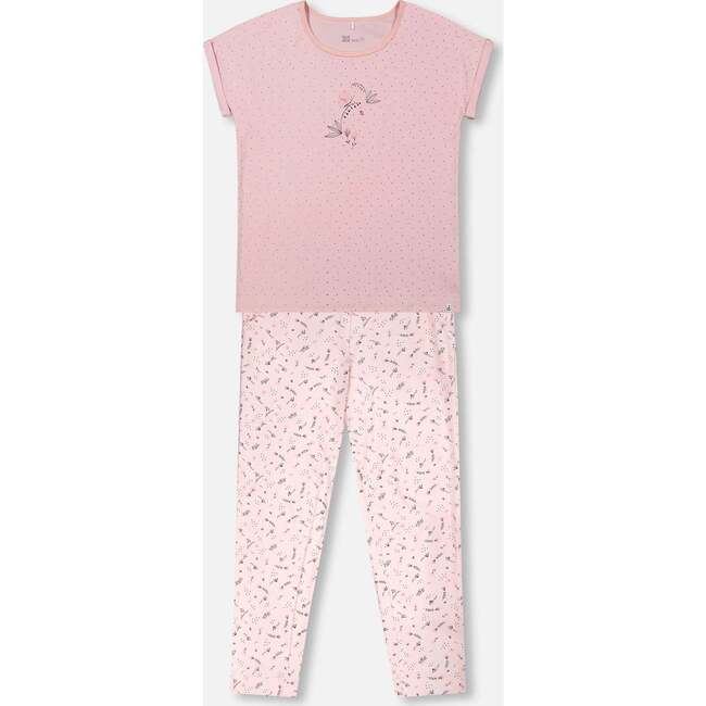 Women'S Organic Cotton Two-Piece Pajama Set, Small Pink Flowers On Pale Pink Background