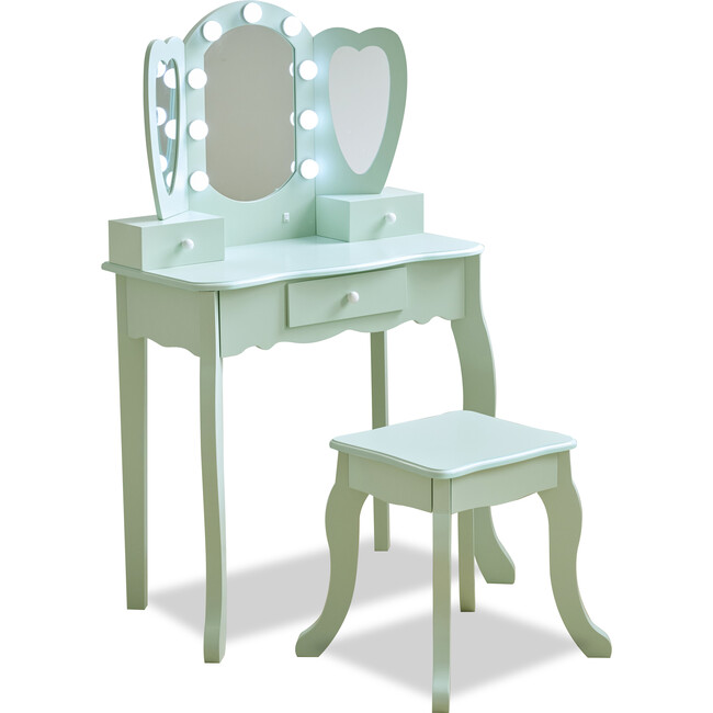Teamson Kids Heart Glow Wooden Vanity Set with LED Lights Mirror & Stool, Sage Green