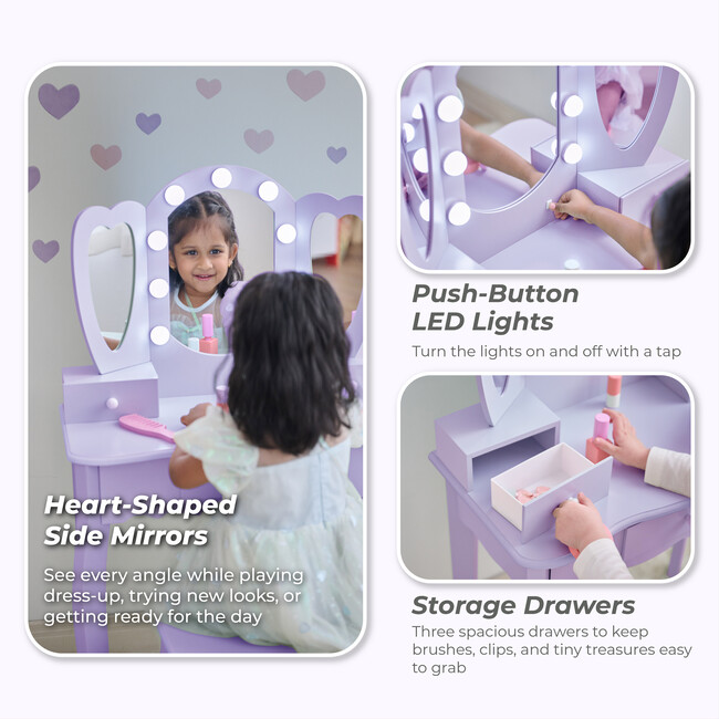 Teamson Kids Heart Glow Wooden Vanity Set with LED Lights Mirror & Stool, Light Purple - Play Vanities - 3