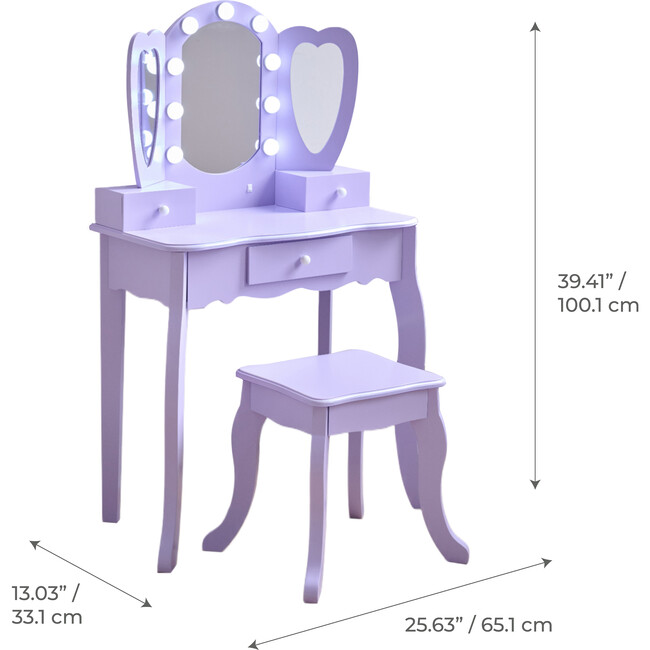 Teamson Kids Heart Glow Wooden Vanity Set with LED Lights Mirror & Stool, Light Purple - Play Vanities - 4