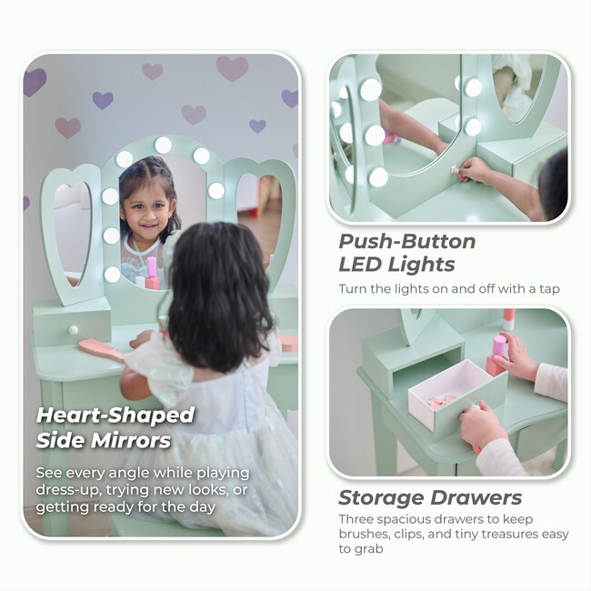 Teamson Kids Heart Glow Wooden Vanity Set with LED Lights Mirror & Stool, Sage Green - Play Vanities - 3