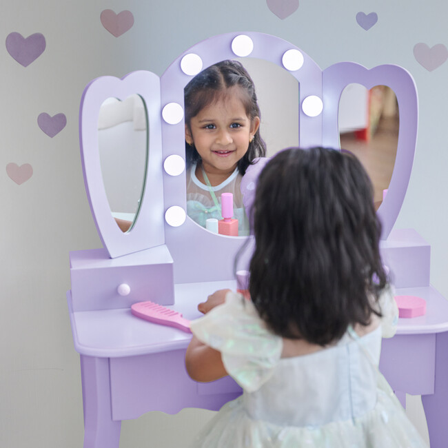 Teamson Kids Heart Glow Wooden Vanity Set with LED Lights Mirror & Stool, Light Purple - Play Vanities - 5