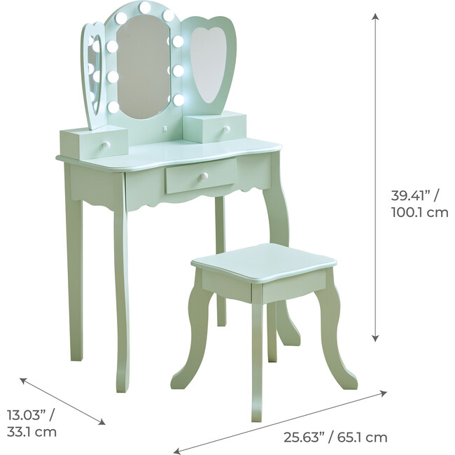 Teamson Kids Heart Glow Wooden Vanity Set with LED Lights Mirror & Stool, Sage Green - Play Vanities - 4