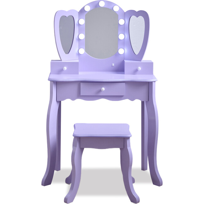 Teamson Kids Heart Glow Wooden Vanity Set with LED Lights Mirror & Stool, Light Purple - Play Vanities - 6