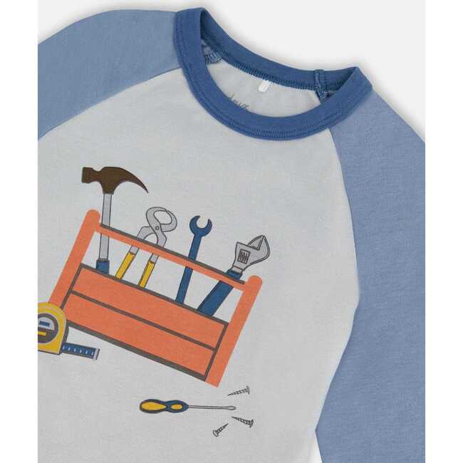 Organic Cotton Long Sleeve Top And Pants Two-Piece Pajama Set, Tools On Bluish Gray Background - Pajamas - 2
