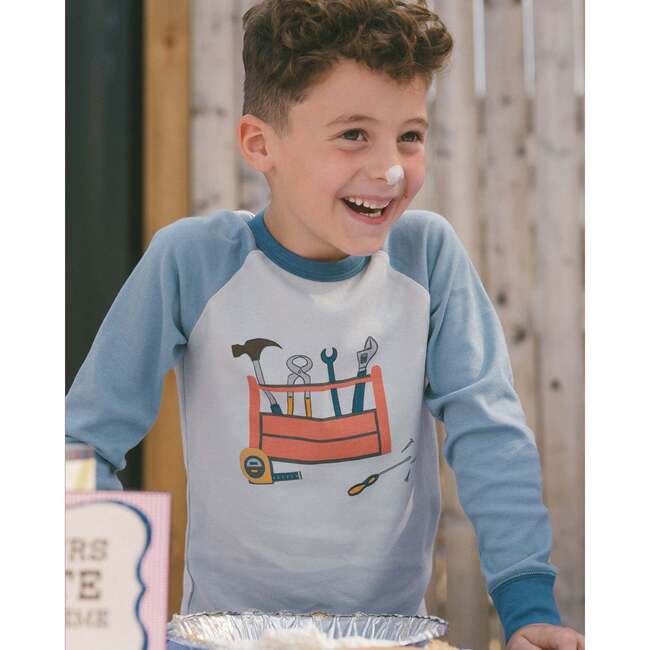 Organic Cotton Long Sleeve Top And Pants Two-Piece Pajama Set, Tools On Bluish Gray Background - Pajamas - 3