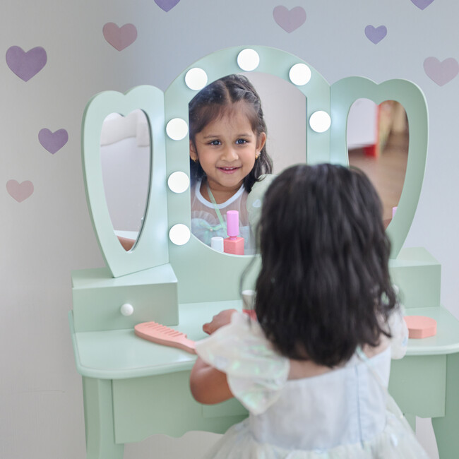 Teamson Kids Heart Glow Wooden Vanity Set with LED Lights Mirror & Stool, Sage Green - Play Vanities - 5