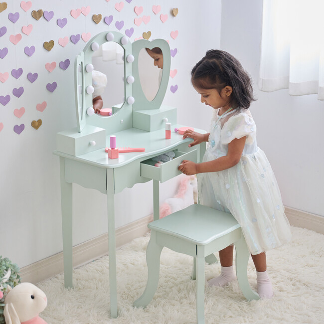 Teamson Kids Heart Glow Wooden Vanity Set with LED Lights Mirror & Stool, Sage Green - Play Vanities - 6
