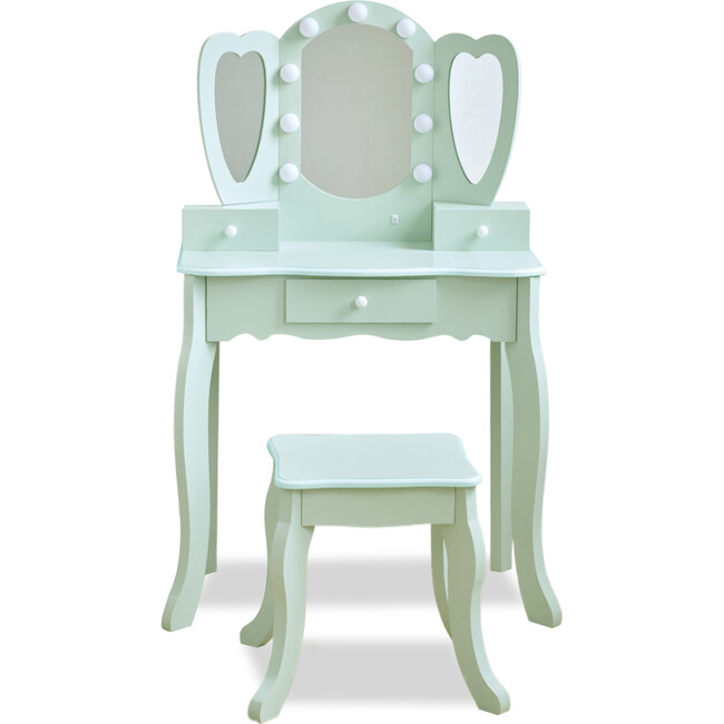 Teamson Kids Heart Glow Wooden Vanity Set with LED Lights Mirror & Stool, Sage Green - Play Vanities - 7
