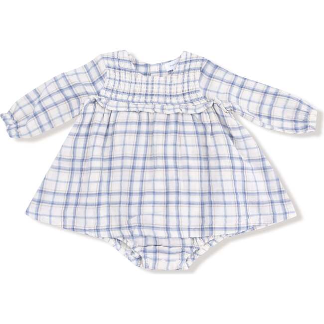 Long Sleeve Smocked Ruffle Bubble with Skirt, Blue Plaid