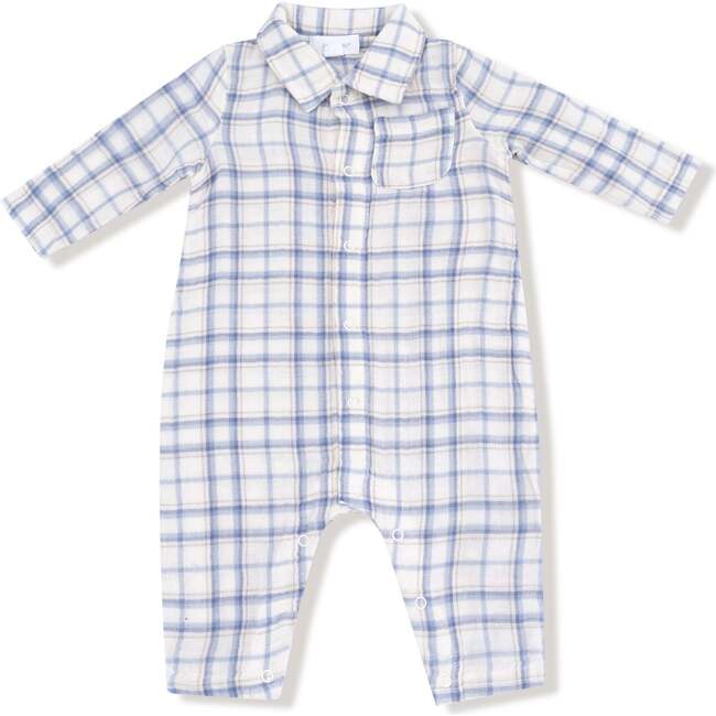 Long Sleeve Polo Romper with Full Placket, Blue Plaid