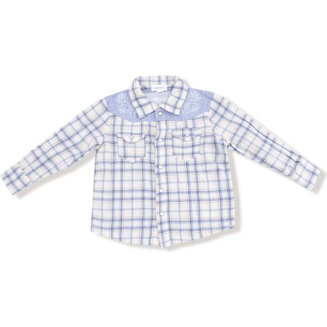 Long Sleeve Western Pearl Snap Shirt, Blue Plaid