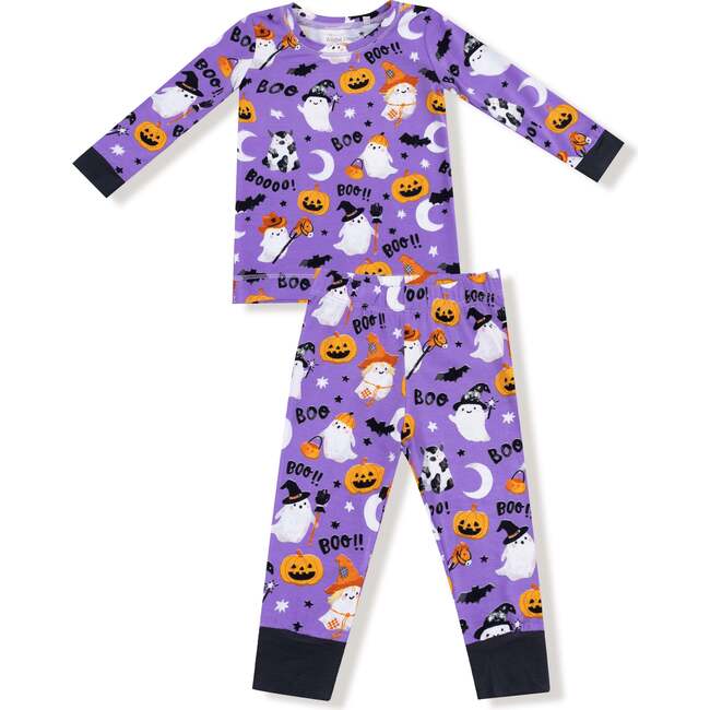 Glow In The Dark Long Sleeve Loungewear Set, Costumed Ghosts Purple