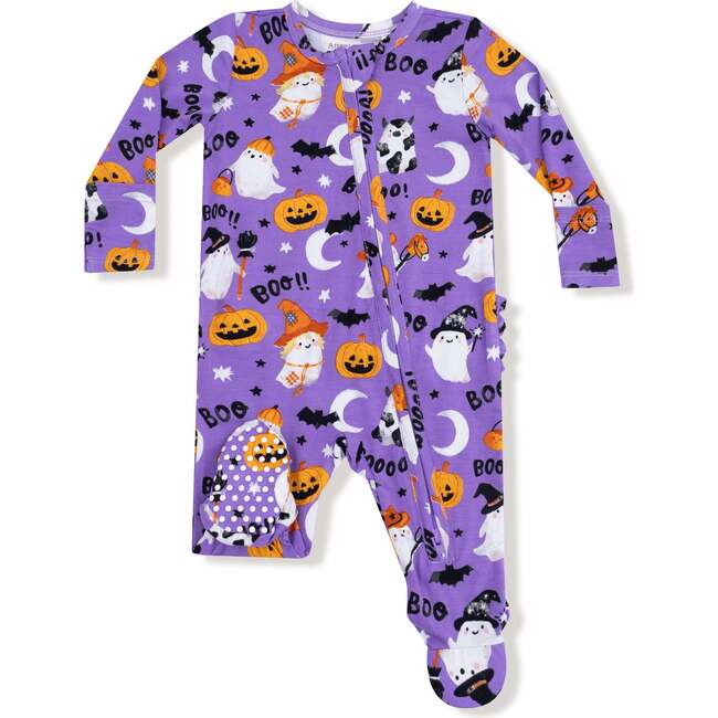 Glow In The Dark 2 Way Zipper Ruffle Back Footie, Costumed Ghosts Purple