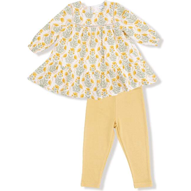 Ladder Trim Dress and Ribbed Leggings, Winter Dandelions