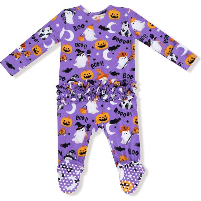 Glow In The Dark 2 Way Zipper Ruffle Back Footie, Costumed Ghosts Purple - Footie Pajamas - 2