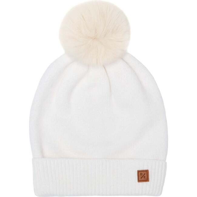 Kids Knit Winter Hat with Faux Fur Pom, Winter White