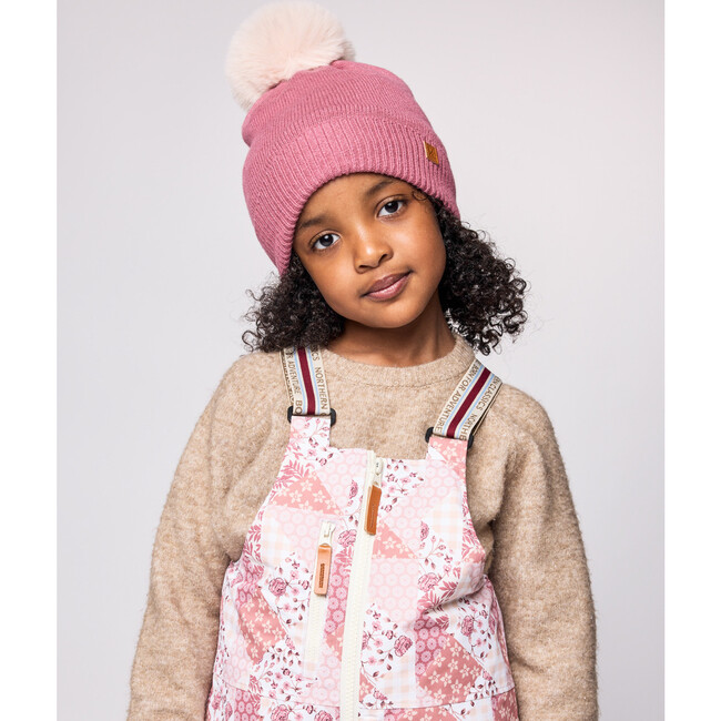 Kids Knit Winter Hat with Faux Fur Pom, Rose Pink - Hats - 3