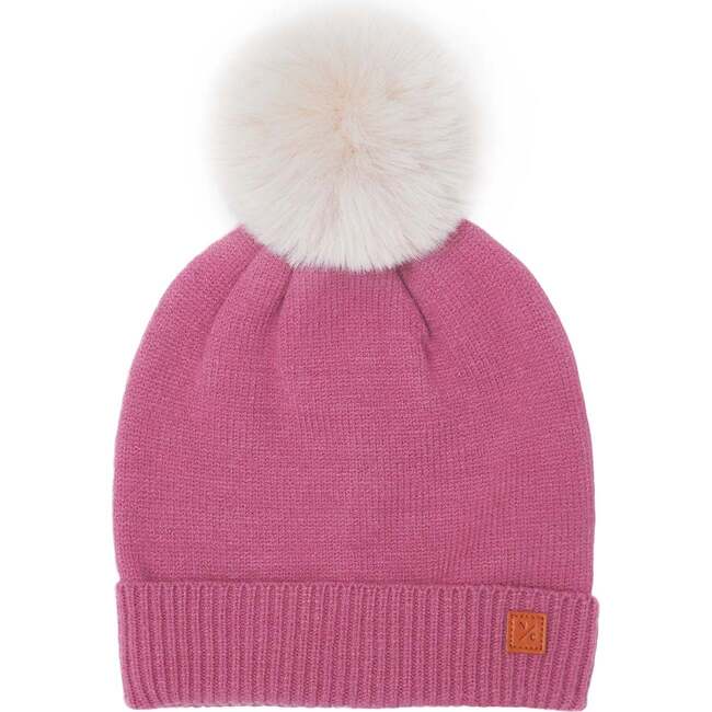 Adult Knit Winter Hat with Faux Fur Pom, Rose Pink