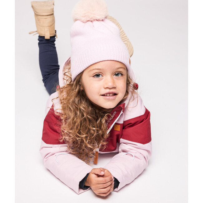 Kids Knit Winter Hat with Faux Fur Pom, Ballerina Pink - Hats - 3