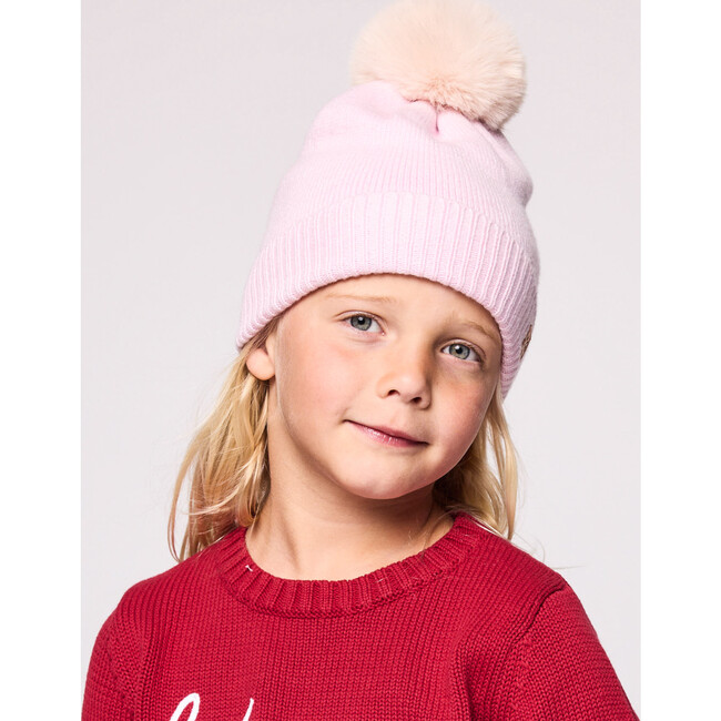 Kids Knit Winter Hat with Faux Fur Pom, Ballerina Pink - Hats - 4