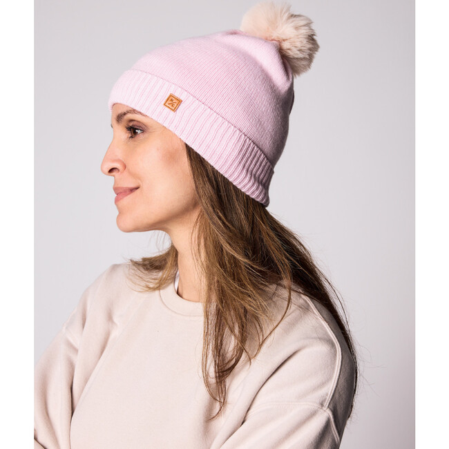 Adult Knit Winter Hat with Faux Fur Pom, Ballerina Pink - Winter Hats - 3