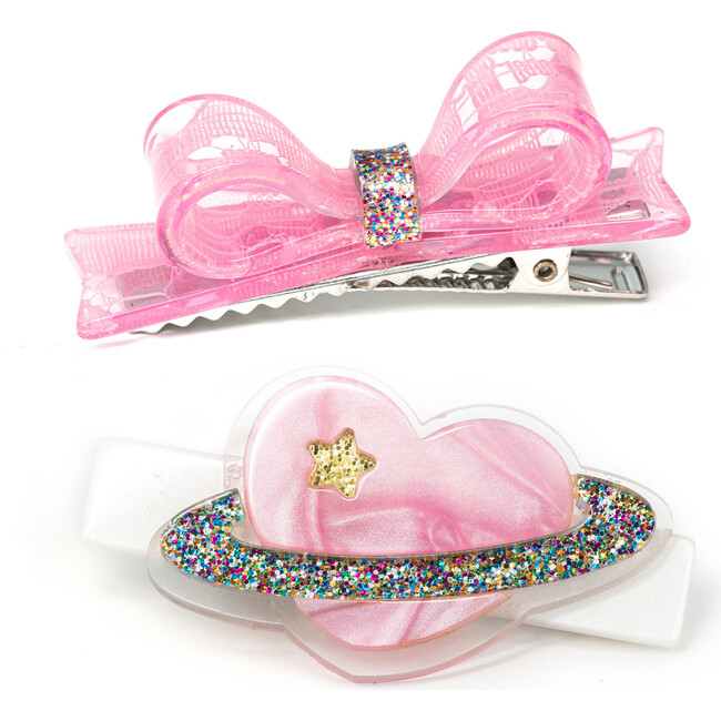 Heart Planet With Bow Pearlized Hair Clips, Pink (Set Of 2)