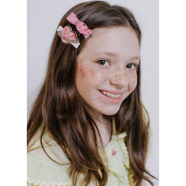 Heart Planet With Bow Pearlized Hair Clips, Pink (Set Of 2) - Hair Accessories - 2