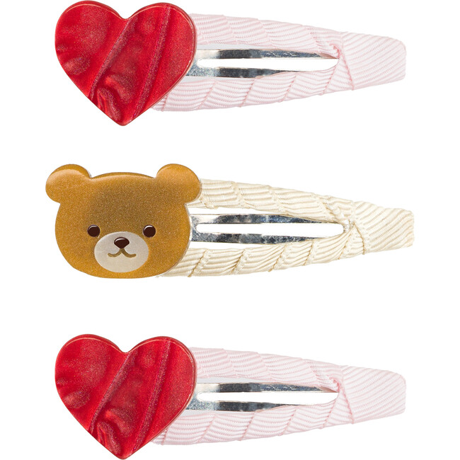 Bear With Hearts Pearlized Snap Clips, Red & Brown (Set Of 3)