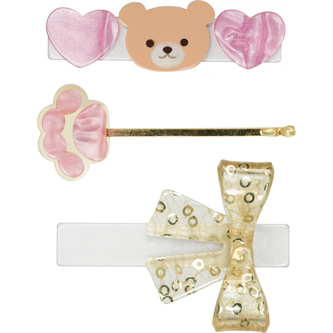 Bear Hearts & Bow Hair Clips Set, Pink & Multicolors (Set Of 3)