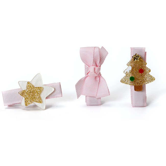 Tree Star Glitter Gold and Fabric Bow Baby Hair Clips