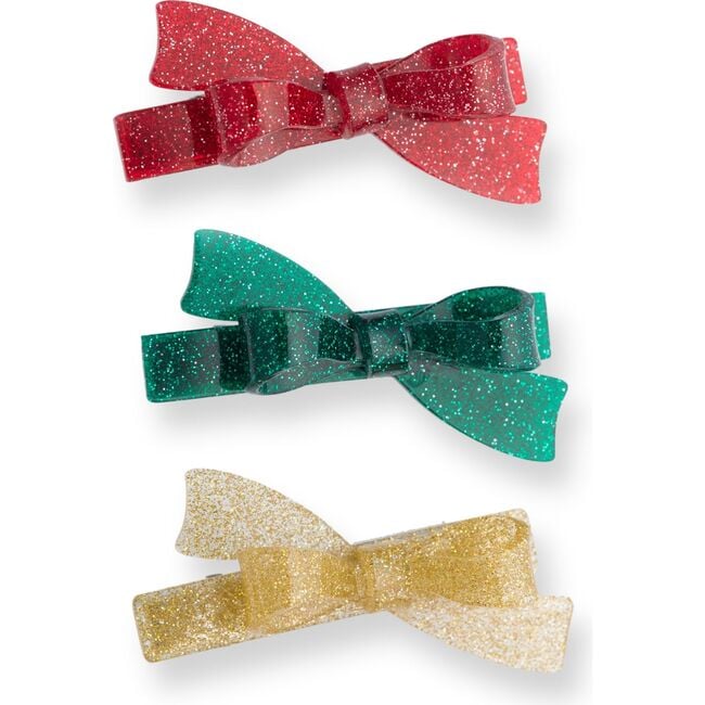 Bows Glitter Green Gold and Red Hair Clips