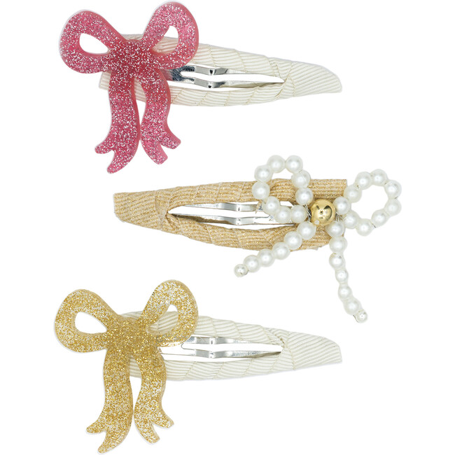 Bows Fancy in Gold, Pearl, and Vintage Pink Snap Clips - Hair Accessories - 1