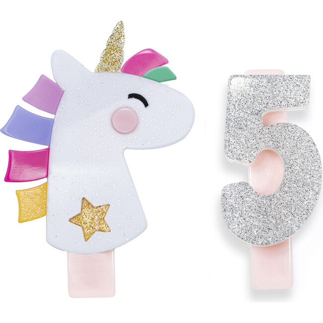 Unicorn Party Number 5 Alligator Clips, White Glitter and Silver - Hair Accessories - 1
