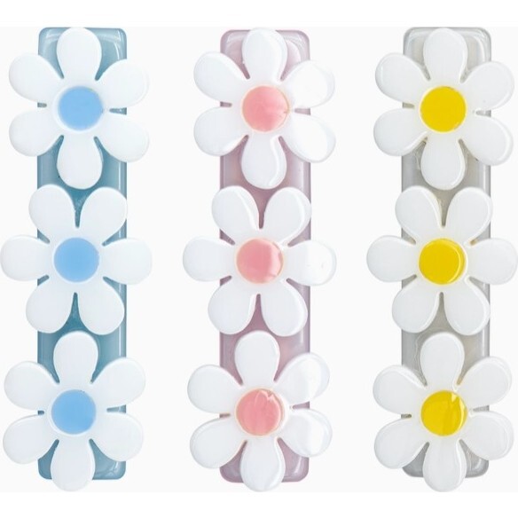 Daisies Satin Pastel Color Hair Clips, White & Multicolors (Set of 3) - Hair Accessories - 1