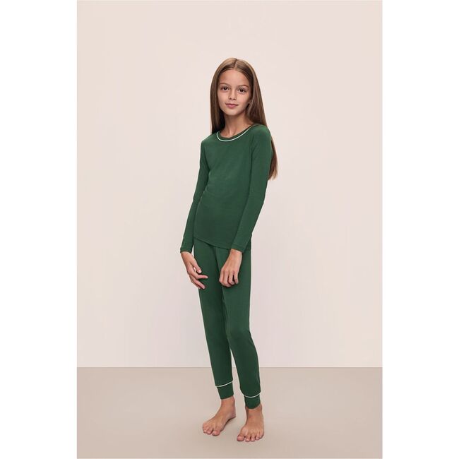 Kids TENCEL™ Modal Unisex Long PJ Set, FOREST GREEN/IVORY