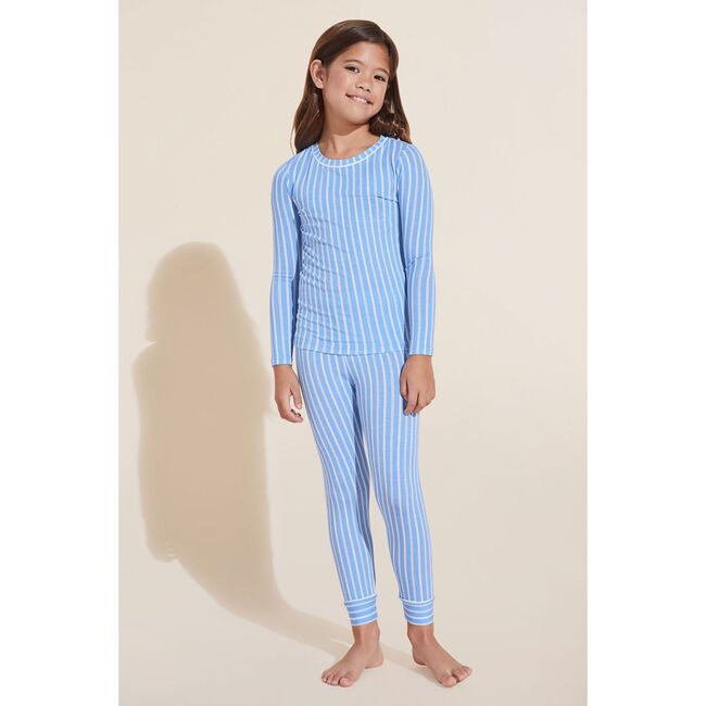Kids Printed TENCEL™ Modal Unisex Long PJ Set, NORDIC STRIPES VISTA BLUE/IVORY