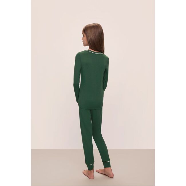 Kids TENCEL™ Modal Unisex Long PJ Set, FOREST GREEN/IVORY - Pajamas - 2