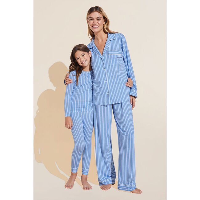Kids Printed TENCEL™ Modal Unisex Long PJ Set, NORDIC STRIPES VISTA BLUE/IVORY - Pajamas - 4