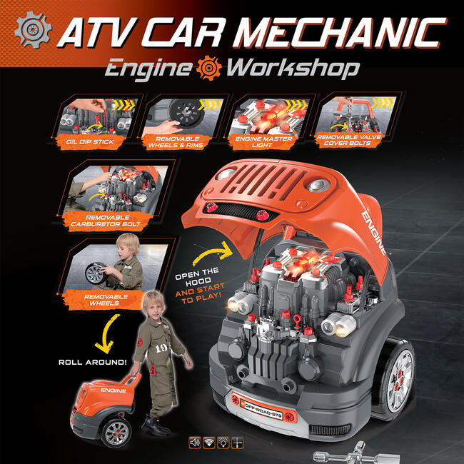 The Bubble Factory ATV Car Workshop in Orange- Take Apart & Rebuild Motor, Realistic Effects - Role Play Toys - 5