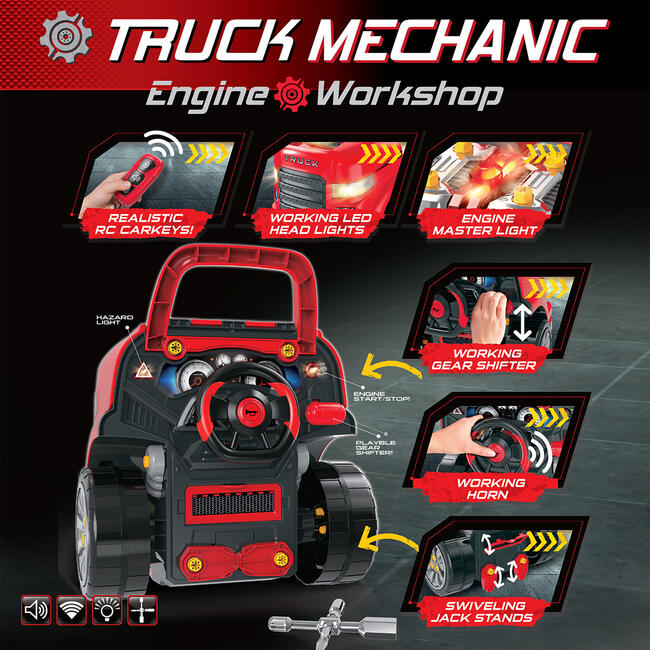 Truck Mechanic Engine Workshop (Red) - Cool Take Apart and Rebuild Engine with Remote Control Car Key - Transportation - 5