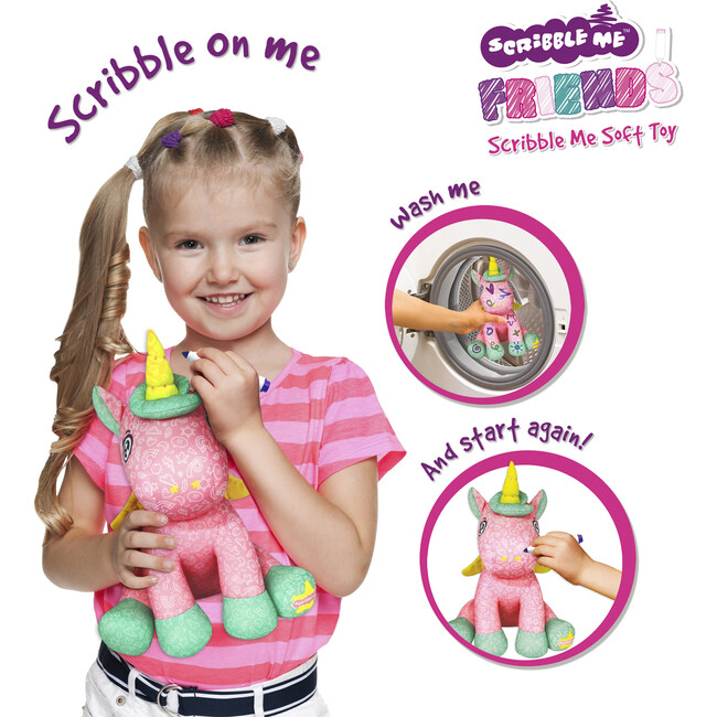 Scribble Me Friends: Unicorn - Pink & Green - Soft Plush Magical Animal - Plush - 3