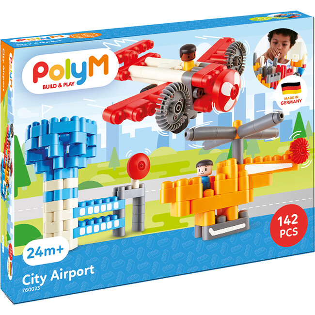 Hape: PolyM: City Airport - 142pc Building Blocks Toy Set w/ Figurines