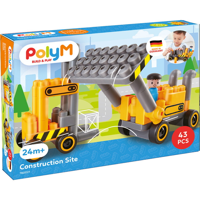 Hape: PolyM: Construction Site - Yellow-Grey - 43pc Building Blocks Toy Set