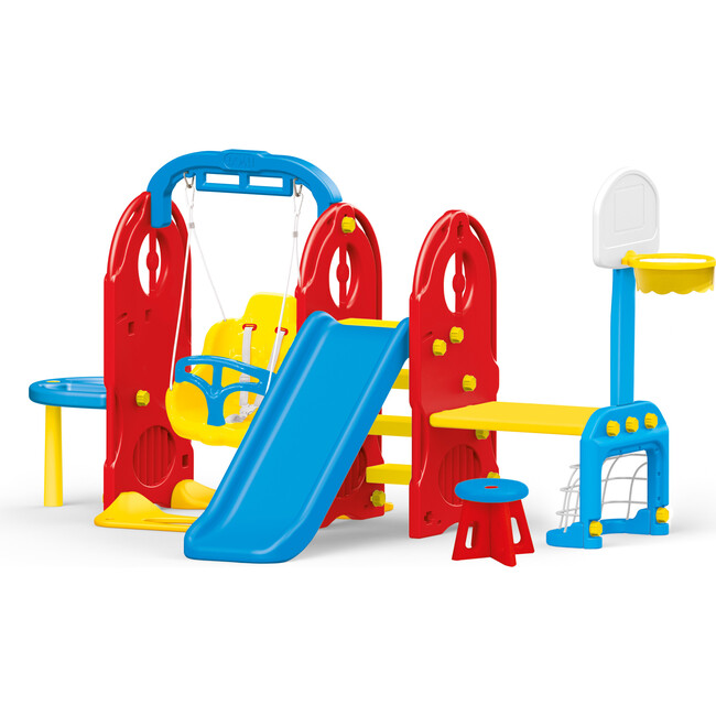 7-In-1 Backyard Playground w/ Toddlers Swing, Slide, Basketball Hoop, Soccer Goal, Sand Pit, Steps, Pull Up Bar