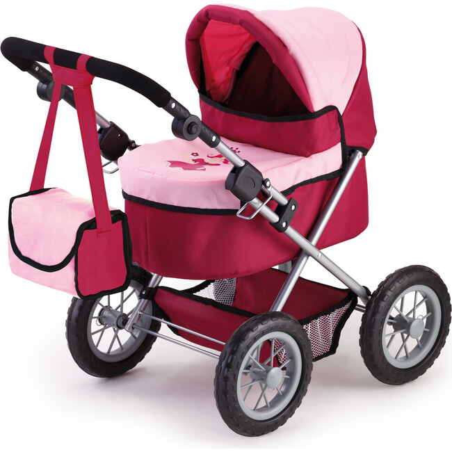 Trendy Pram Stroller for Toy Baby Dolls in Red/Pink