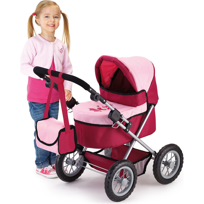Trendy Pram Stroller for Toy Baby Dolls in Red/Pink